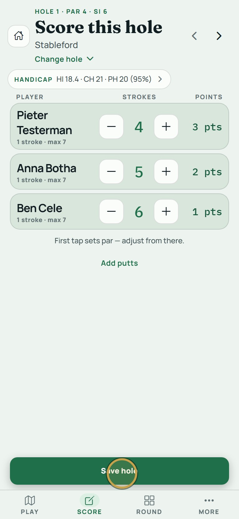 Tap Save hole. The score goes to the leaderboard and the app moves to the next hole.