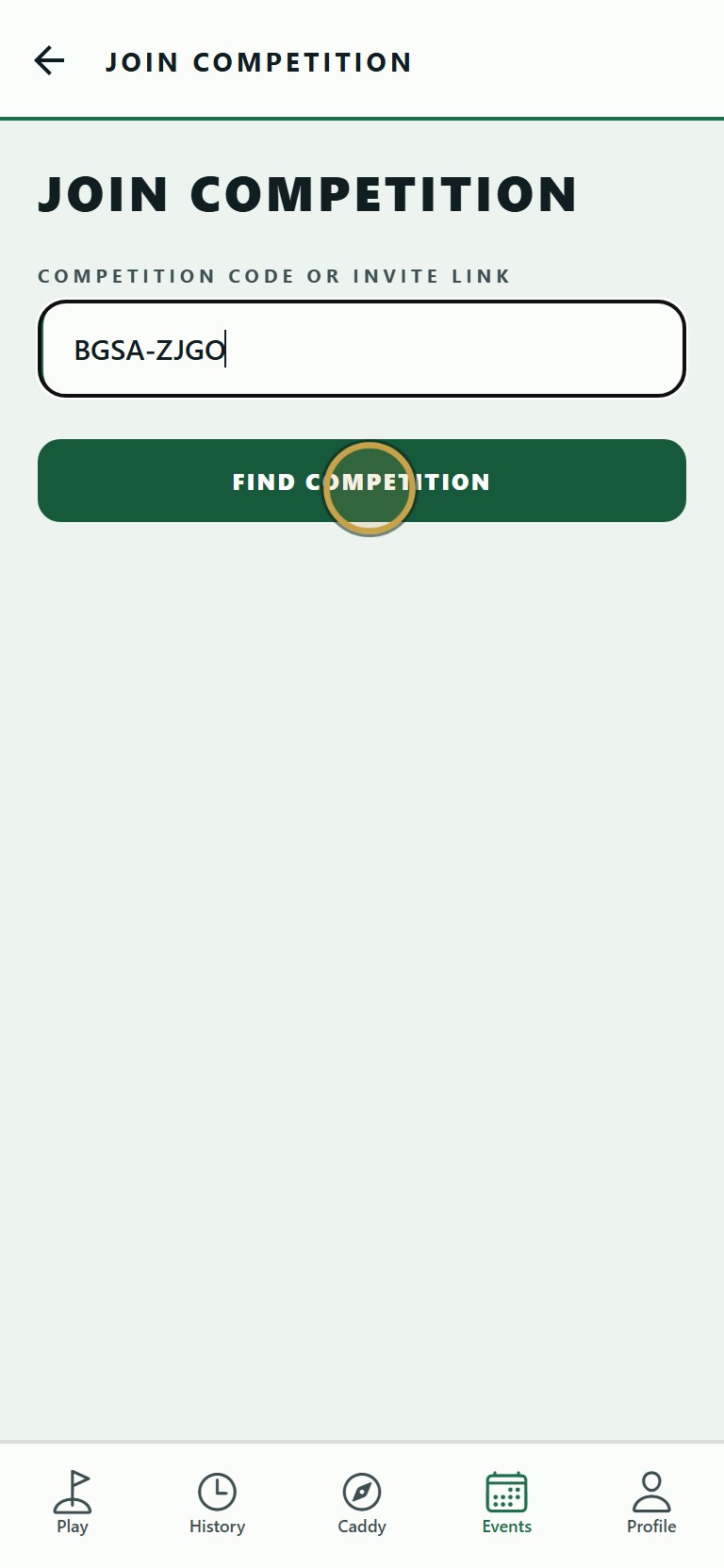 Type the code from the organiser, then tap Find Competition.