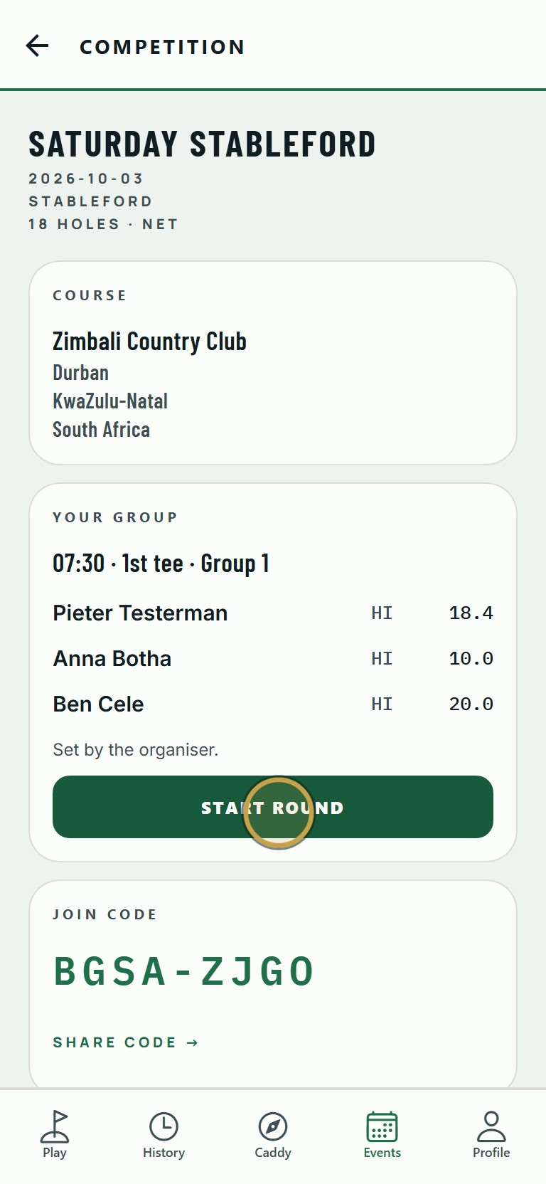 Check your group and tee time, then tap Start Round.