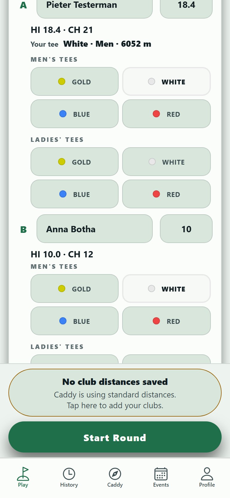 The players, handicaps and format are already filled in. The organiser set them, so they cannot be changed here.